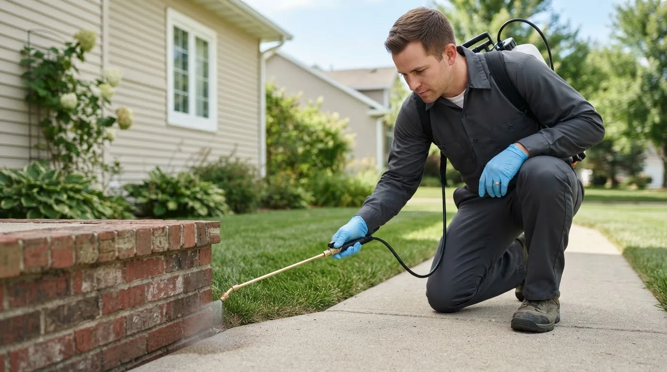 Pest control technician treating a home near Wortham, TX