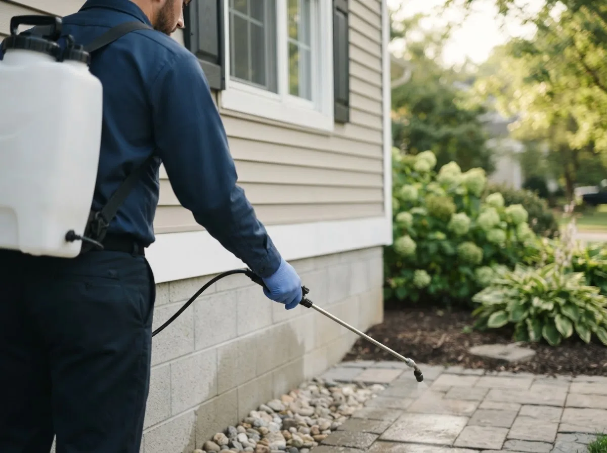 Pest control technician inspecting a home in Wortham, TX